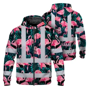Hi Vis Zip Hoodie Reflective Tapes Hawaii Flamingo Custom Name Safety Workwear For Workers, Truckers, Operators