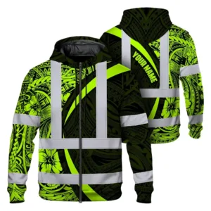 Hi Vis Zip Hoodie Reflective Tapes Hawaiian Polynesian Tribal Custom Name Safety Workwear For Workers, Truckers, Operators