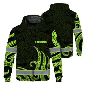 Hi Vis Zip Hoodie Reflective Tapes Hawaiian Polynesian Tribal Custom Name
