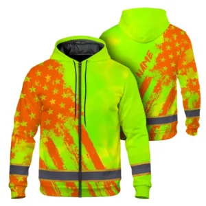 Hi Vis Zip Hoodie Reflective Tapes Lime Neon And Orange US Flag Custom Name