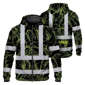 Hi Vis Zip Hoodie Reflective Tapes Lime Neon Flowers Custom Name Safety Workwear For Workers, Truckers, Operators