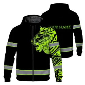 Hi Vis Zip Hoodie Reflective Tapes Lion Hawaiian Polynesian Tribal Custom Name