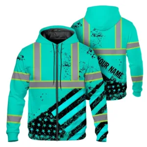 Hi Vis Zip Hoodie Reflective Tapes Mint Neon USA Flag Custom Name Safety Workwear