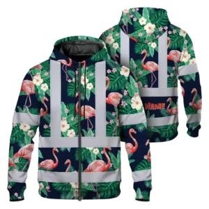 Hi Vis Zip Hoodie Reflective Tapes Neon Pink Flowers 2 Custom Name Safety Workwear For Workers, Truckers, Operators