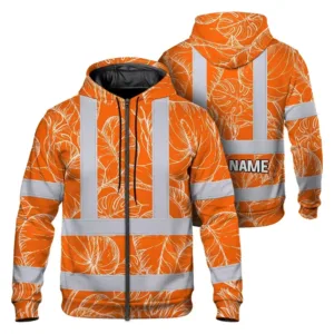 Hi Vis Zip Hoodie Reflective Tapes Orange Black Neon Flowers Custom Name Safety Workwear For Workers, Truckers, Operators