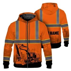 Hi Vis Zip Hoodie Reflective Tapes Orange Excavator Operator Custom Name