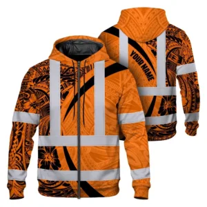 Hi Vis Zip Hoodie Reflective Tapes Orange Hawaiian Polynesian Tribal Custom Name Safety Workwear For Workers, Truckers, Operators