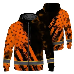 Hi Vis Zip Hoodie Reflective Tapes Orange Neon And Black Custom Name US Flag