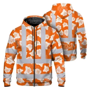 Hi Vis Zip Hoodie Reflective Tapes Orange Neon Flowers 2 Custom Name Safety Workwear For Workers, Truckers, Operators