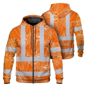 Hi Vis Zip Hoodie Reflective Tapes Orange Neon Flowers Custom Name Safety Workwear For Workers, Truckers, Operators