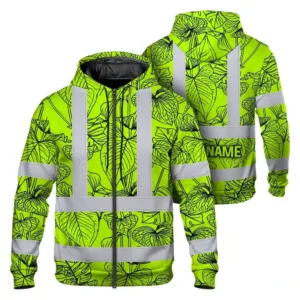 Hi Vis Zip Hoodie Reflective Tapes Orange Neon Flowers Custom Name Safety Workwear For Workers, Truckers, Operators