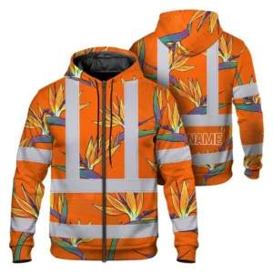 Hi Vis Zip Hoodie Reflective Tapes Orange Neon Flowers Custom Name Safety Workwear For Workers, Truckers, Operators