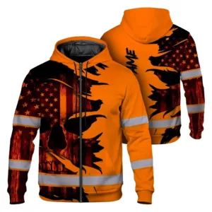 Hi Vis Zip Hoodie Reflective Tapes Orange Neon Skull US Flag Scratch Custom Name Safety Workwear For Workers, Runners, Cyclists, Patriotic
