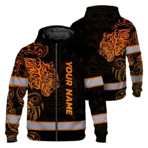 Hi Vis Zip Hoodie Reflective Tapes Orange Neon Tiger Hawaii Polynesian Custom Name Safety Workwear For Workers, Operator, Cyclists, Patriotic