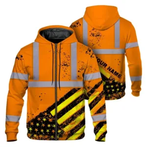 Hi Vis Zip Hoodie Reflective Tapes Orange USA Flag Safety Workwear For Workers, Runners, Cyclists, Patriotic