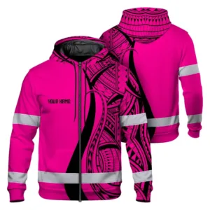 Hi Vis Zip Hoodie Reflective Tapes Pink And Black Neon Hawaii Custom Name Safety Workwear For Workers, Truckers, Operators