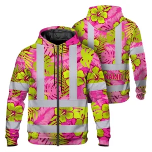 Hi Vis Zip Hoodie Reflective Tapes Pink Neon And Lime Flowers Custom Name Safety Workwear For Workers, Truckers, Operators