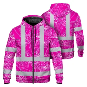 Hi Vis Zip Hoodie Reflective Tapes Pink Neon Flowers Custom Name Safety Workwear For Workers, Truckers, Operators