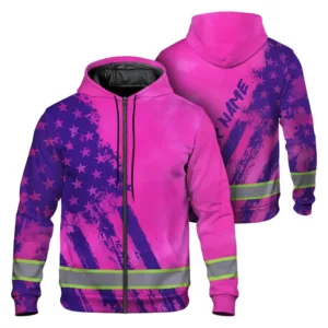 Hi Vis Zip Hoodie Reflective Tapes Pink Violet Flag Custom Name