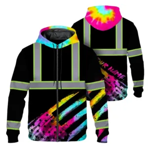 Hi Vis Zip Hoodie Reflective Tapes Rainbow Flag Tie Dye Custom Name