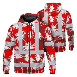 Hi Vis Zip Hoodie Reflective Tapes Red Neon Flowers Custom Name Safety Workwear For Workers, Truckers, Operators