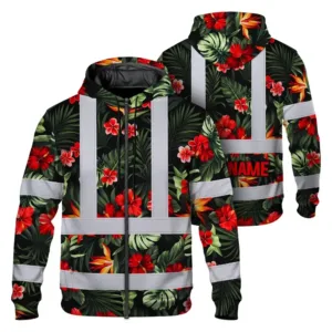 Hi Vis Zip Hoodie Reflective Tapes Red Neon Flowers Custom Name Safety Workwear For Workers, Truckers, Operators
