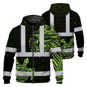 Hi Vis Zip Hoodie Reflective Tapes Sea Turtle Hawaiian Polynesian Tribal Custom Name Safety Workwear For Workers, Truckers, Operators