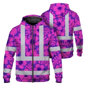 Hi Vis Zip Hoodie Reflective Tapes Violet Neon And Pink Flowers Custom Name Safety Workwear For Workers, Truckers, Operators