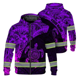 Hi Vis Zip Hoodie Reflective Tapes Violet Neon Turtle Hawaiian Polynesian Custom Name