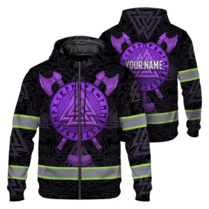 Hi Vis Zip Hoodie Reflective Tapes Violet Neon Viking Custom Name Safety Workwear For Workers, Runners, Cyclists