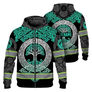Hi Vis Zip Hoodie Reflective Tapes White Mint Neon Viking Custom Name Safety Workwear For Workers, Runners, Cyclists