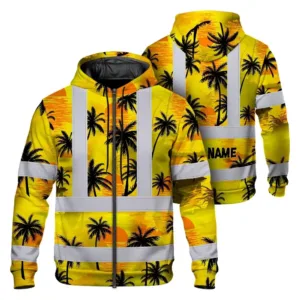 Hi Vis Zip Hoodie Reflective Tapes Yellow Neon Flowers Custom Name Safety Workwear For Workers, Truckers, Operators