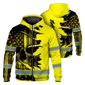 Hi Vis Zip Hoodie Reflective Tapes Yellow Neon Skull US Flag Scratch For Cyclists, Skull Lover