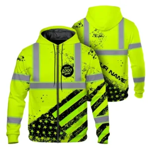 Hi Vis Zip Hoodie Reflective Tapes Yellow Neon USA Flag Custom Name And Logo Safety Workwear