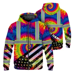 Hi Vis Zip Hoodie Reflective Tie Dye US Flag Paint Custom Name Safety Workwear For Worker, Motorcycle Bicycle, Runner