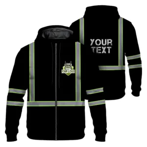 High Visibility Reflective Black Custom Name And Logo Zip Hoodie Safety Workwear For Runners, Cyclists, Patriotic