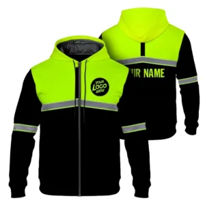 High Visibility Reflective Green And Black Custom Name And Logo Zip Hoodie