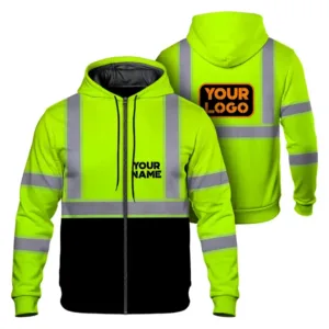 High Visibility Zip Hoodie Reflective Green Custom Name and Logo Safety Workwear