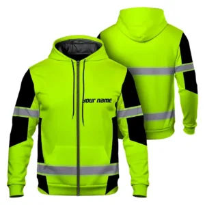 High Visibility Zip Hoodie Reflective Green Neon Custom Name Safety Workwear For Workers, Runners, Cyclists, Patriotic