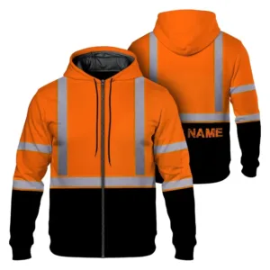 High Visibility Zip Hoodie Reflective Orange Black Custom Name Safety Workwear
