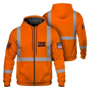 High Visibility Zip Hoodie Reflective Orange US Flag Custom Name And Logo Safety Workwear For Cyclists, Patriotic
