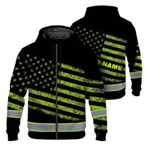 High Visibility Zip Hoodie Reflective US Flag Custom Name Safety Workwear