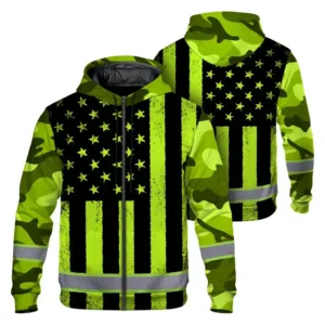 Reflective Camo Flag Hi Vis Zip Hoodie Patriotic & Safe Workwear for Workers