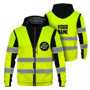 Reflective Hi Vis Zip Hoodies - Green Neon Tape Custom Name And Logo Safety Workwear Unisex