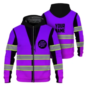 Reflective Hi Vis Zip Hoodies - Violet Tape Custom Name And Logo Safety Workwear Unisex