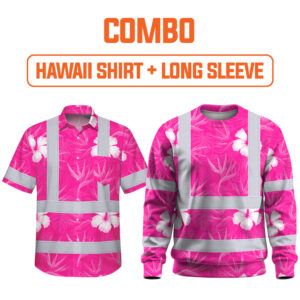 Combo Hi Vis Hawaiian Shirt Reflective Tapes Pink Neon Flowers Custom Name Safety Workwear For Workers, Truckers, Operators