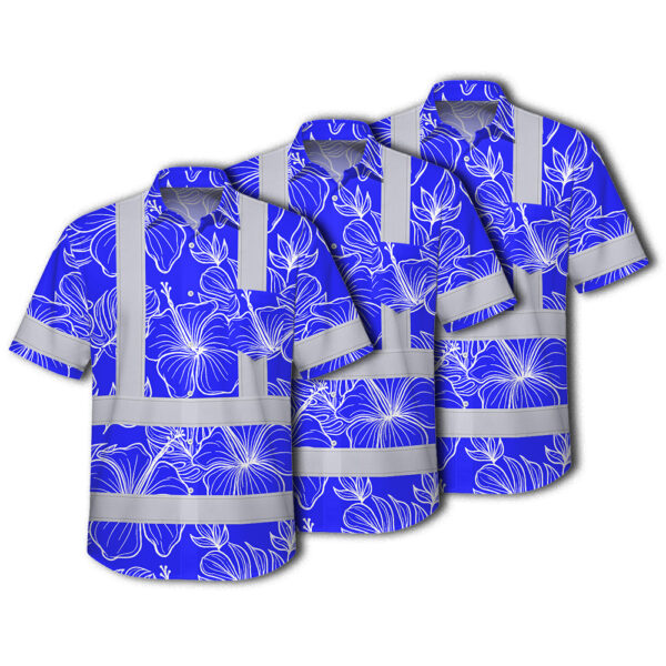 Choose Pack Hi Vis Hawaiian Shirt Reflective Tapes Blue Neon Flowers Custom Name Safety Workwear For Workers, Truckers, Operators 1