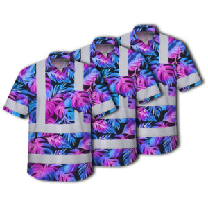 Choose Pack Hi Vis Hawaiian Shirt Reflective Tapes Gradient Blue Violet Custom Name Safety Workwear For Workers, Truckers, Operators