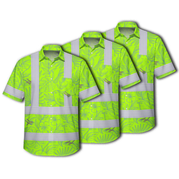 Choose Pack Hi Vis Hawaiian Shirt Reflective Tapes Green Grey Flowers Custom Name Safety Workwear For Workers, Truckers, Operators1