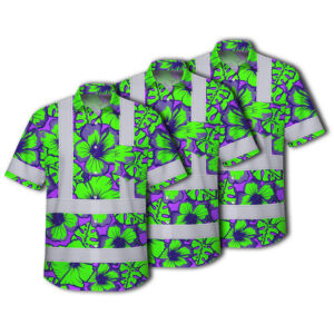 Choose Pack Hi Vis Hawaiian Shirt Reflective Tapes Green Neon And Violet Flowers Custom Name Safety Workwear For Workers, Truckers, Operators